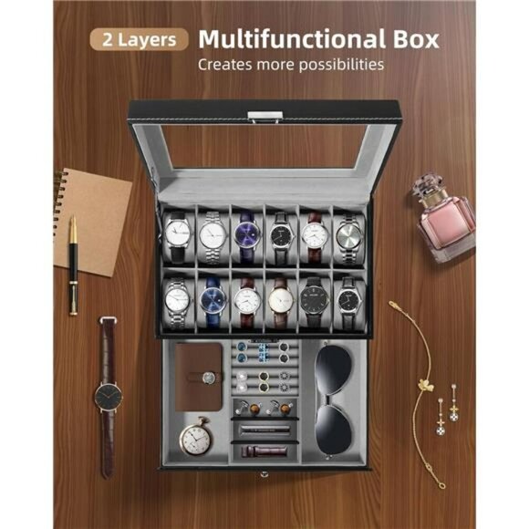 Watch box organizer with jewelry drawer 12 slot PU leather display case - Picture 2 of 7